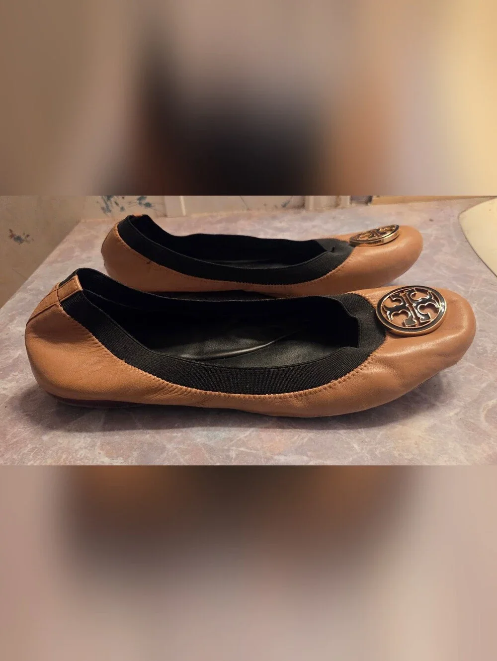 Tory Burch Tan Leather Logo Ballet Flats